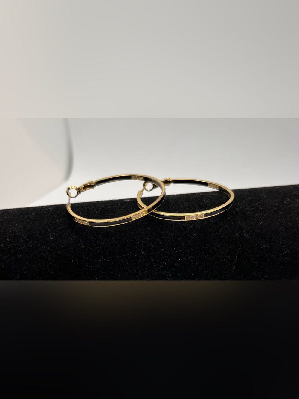 Classic Gold-Tone Hoop Earrings with Black Enamel & Crystal Accents